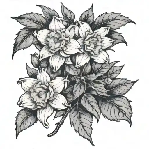 Narcissus flowers with holly flowers . Romen numerals under the flowers  tattoo design idea