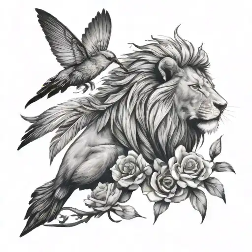 Lion and humming bird tattoo design idea