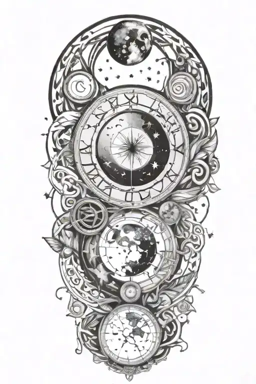 An abstract representation of the phases of the moon intertwined with Wiccan symbols and cosmetology tools tattoo design idea