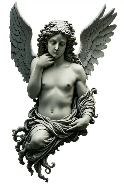 An angel holding the head off medusa tattoo design idea