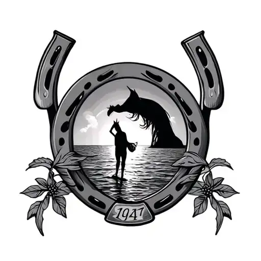 Create me a horseshoe tattoo with the 1947 figure as well as a sunset on the sea and the trinata tattoo design idea