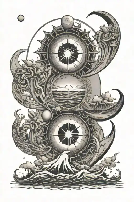 energy floating in sea sun moon merging together family balance loyalty knowledge chaos order books peace serenity  tattoo design idea