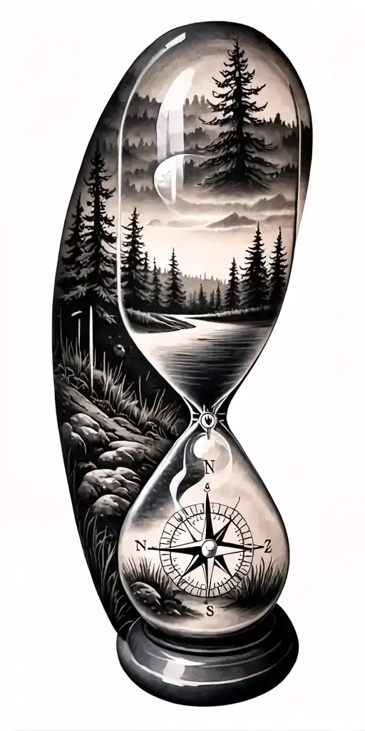 family and forest and hour glass and compass golf course tattoo design idea