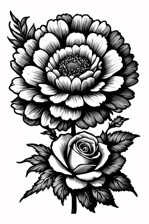 marigold flower with a carnation and rose below it tattoo design idea
