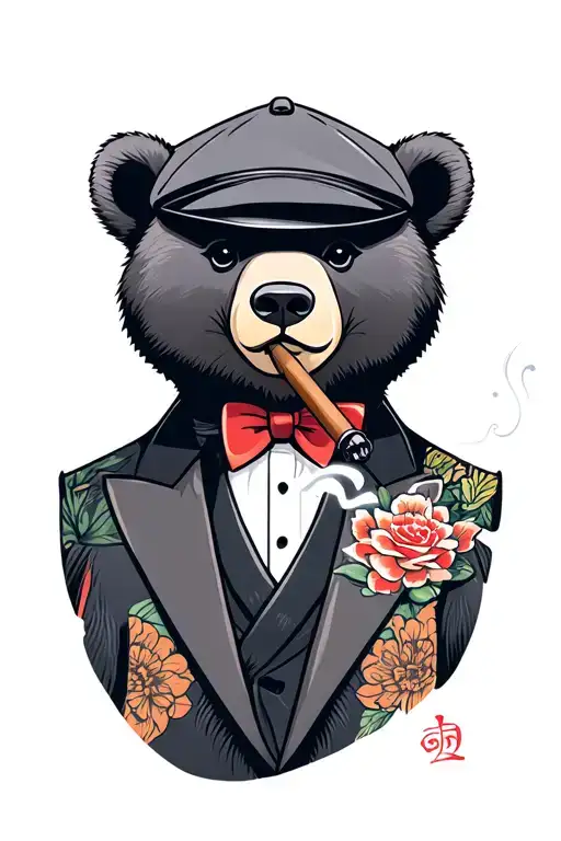 calm bear wearing flat cap and smoking cigar in tuxedo tattoo design idea