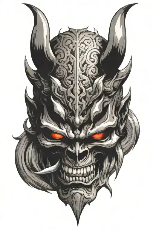 oni mask and skull with horns bahamut head tattoo design idea