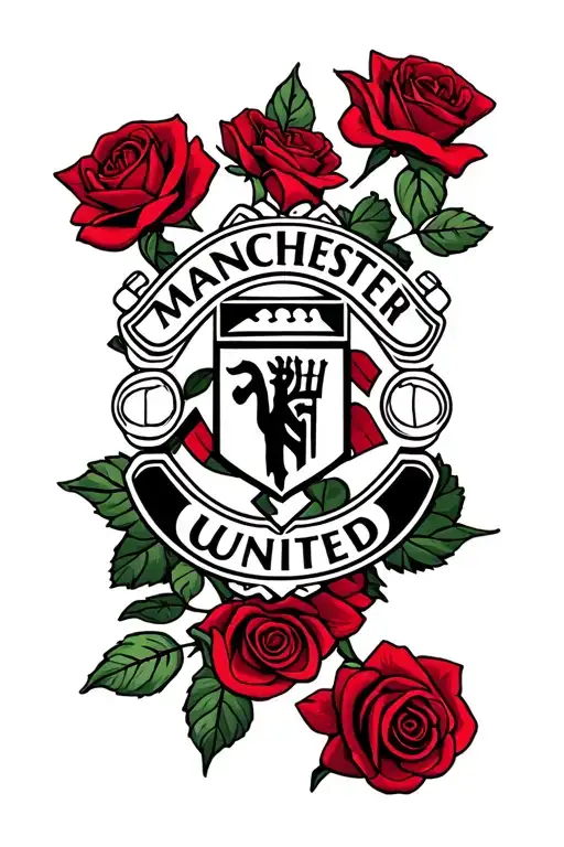 black and white Manchester United Badge surrounded by red roses wrapped tattoo design idea