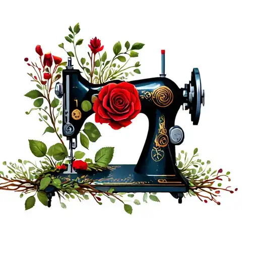 Silhouette of a sewing machine made of branches and plants, with a red rose instead of the thread spool. From the rose,  tattoo design idea