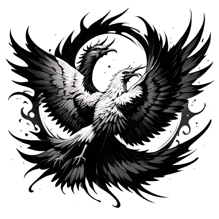 artistic tattoo design. Black and white image of flying phoenix with abstract lines around it tattoo design idea