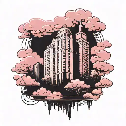 high-rise building against pink sky with clouds in sketch style tattoo design idea
