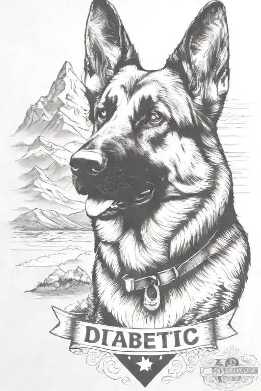German shepherd portrait saying "diabetic" mountain scene American flag waving tattoo design idea