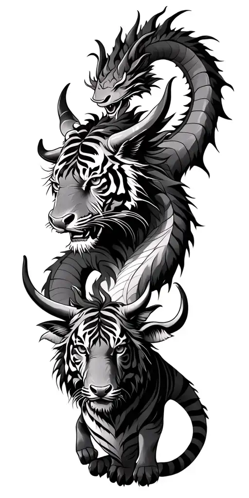 a dragon, a tiger, an ox as a family tattoo design idea