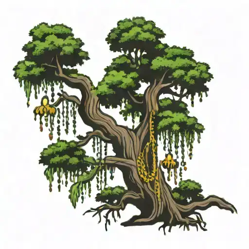 typical bayou  oak tree with spanish moss and mardi gras beads tattoo design idea