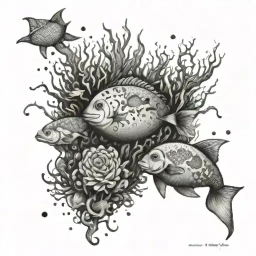 An intricate underwater scene with various sea creatures to symbolize the love for your boys and their fascination with animals who live in water tattoo design idea