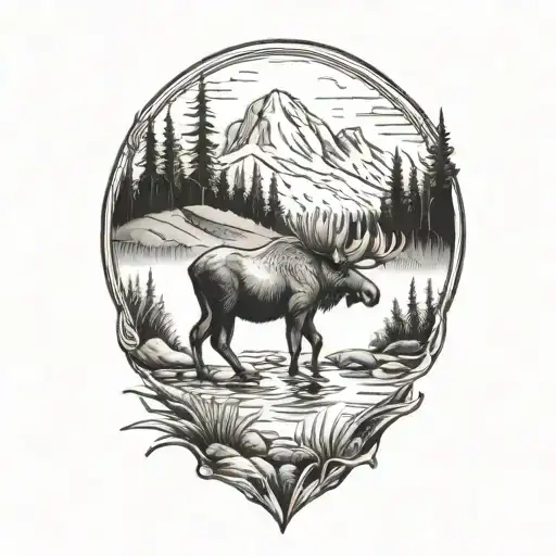 moose mountain forest water fish  tattoo design idea