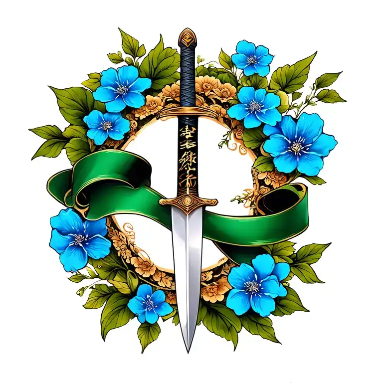 samuri sword with green ribbon surrounded by blue flowers tattoo design idea