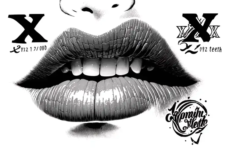 3 birth dates in Roman numerals and lips no teeth tattoo design idea
