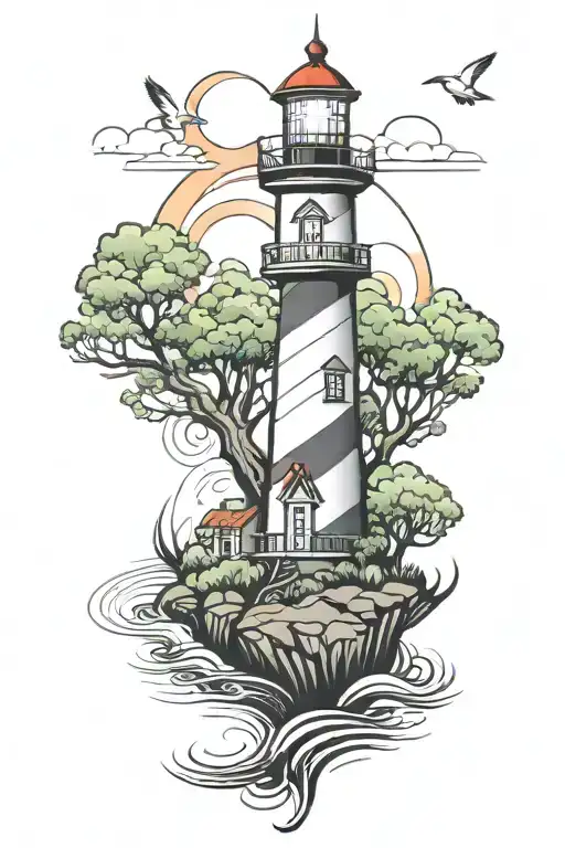 light house nestled within trees  and water with a picnic bench  tattoo design idea