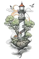 light house nestled within trees  and water with a picnic bench  tattoo design idea