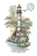 light house nestled within trees  and water with a picnic bench  tattoo design idea