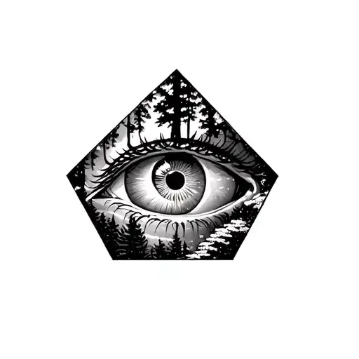  eye l in a pentagon with forest naturen the background. tattoo design idea