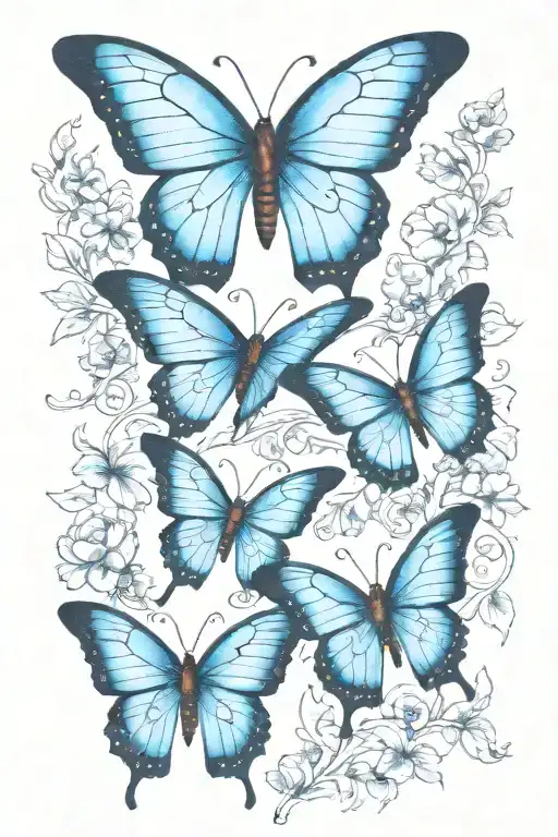 three blue butterflys with vines on bothe sides of the stomach tattoo design idea