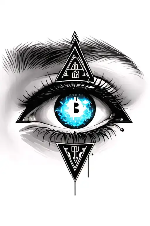 No brow, Feminine Eye, minimal sky blue highlights in the iris. Dark outline, bitcoin logo, Encompassed by Triangle tattoo design idea