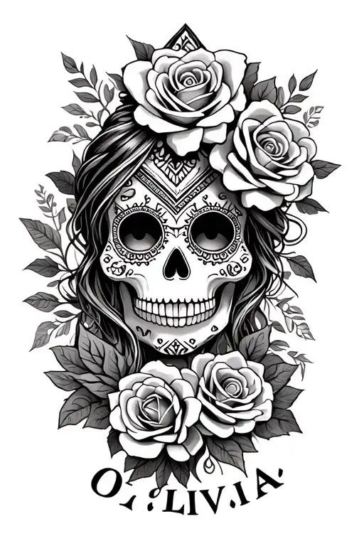 "Olivia" sugar skulls, aztec geo patern, roses, happy tattoo design idea