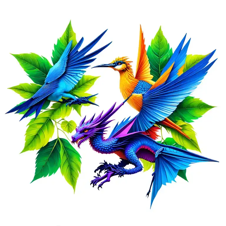 greek leafs crowned with 2 paper cranes, a blue bird and a small purple dragon  tattoo design idea