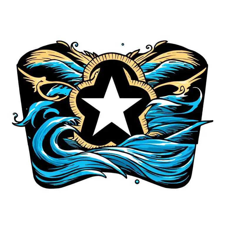 water finger waves and nautical star with small star forming tattoo design idea