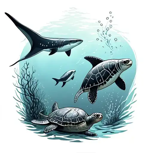 underwater scene featuring shark, eagle ray and sea turtle gracefully swimming tattoo design idea