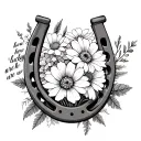 horse shoe, marigolds, cosmos flower bouquet "how lucky are we" tattoo design idea