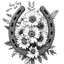 horse shoe, marigolds, cosmos flower bouquet "how lucky are we" tattoo design idea