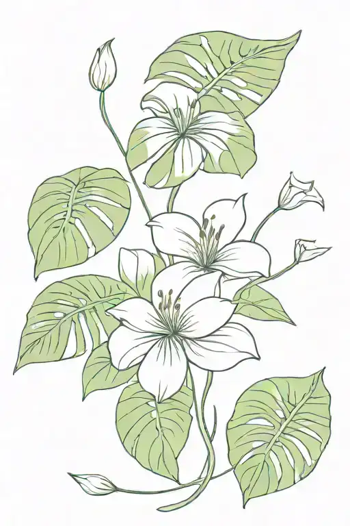 lilies and monstera leaf intertwined vines tattoo design idea