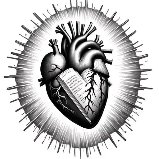 anatomical heart surrounded by a virgin halo; inside the heart: waves, a pearl and a bible tattoo design idea