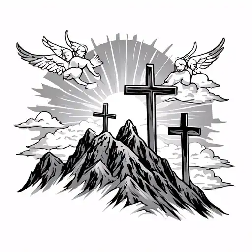 3 crosses on mountain with sun clouds and angels behind it  tattoo design idea
