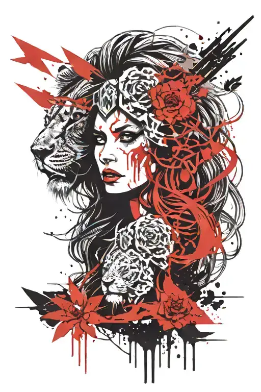 woman face with long hair holding trident with angry lion   tattoo design idea