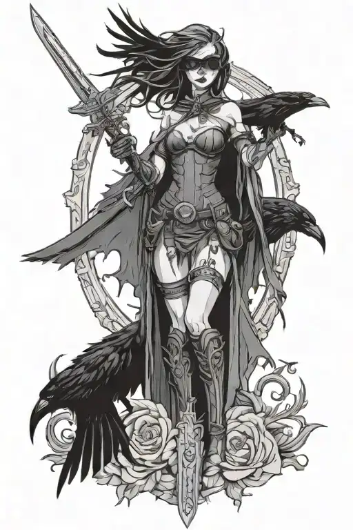 Dark knight girl holding sword with raven with third red eyes and some dark fantasy things with cathedrale glasses tattoo design idea