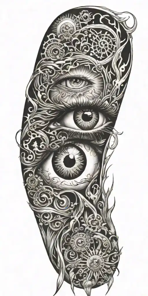 eye and fire,sun. electricity, florida psycedelic tattoo design idea