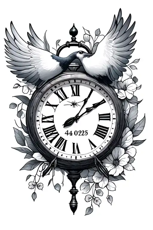 Clock and dove and 04/09/25 date tattoo design idea