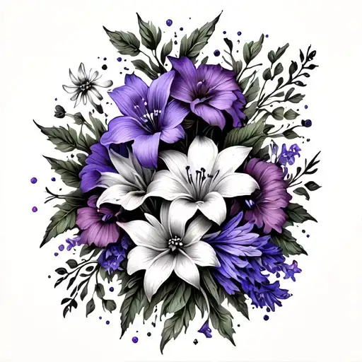 A celestial design incorporating the flowers of violet, lily, larkspur, and marigold  tattoo design idea