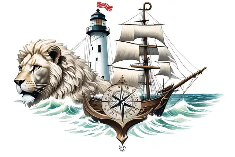 lion lighthouse compass anchor sea ship tattoo design idea