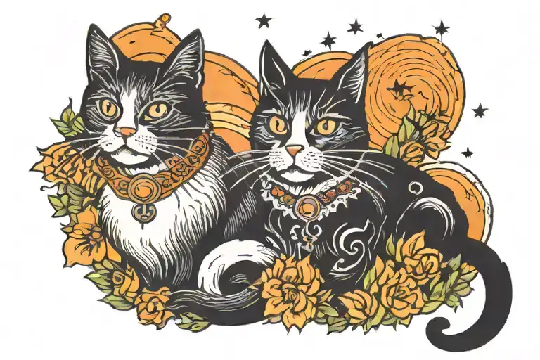 black cat and orange cat and the moon tattoo design idea