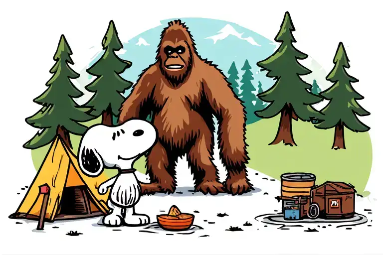Snoopy and Bigfoot camping  tattoo design idea