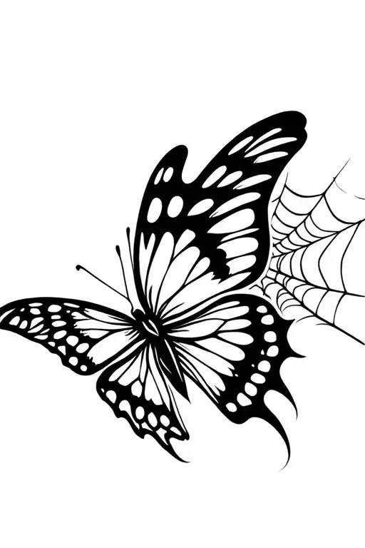 A detailed tattoo design of a butterfly with intricate wings, emerging in front of a subtle spider web in the background tattoo design idea