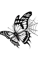 A detailed tattoo design of a butterfly with intricate wings, emerging in front of a subtle spider web in the background tattoo design idea