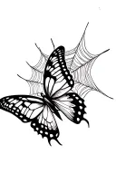A detailed tattoo design of a butterfly with intricate wings, emerging in front of a subtle spider web in the background tattoo design idea