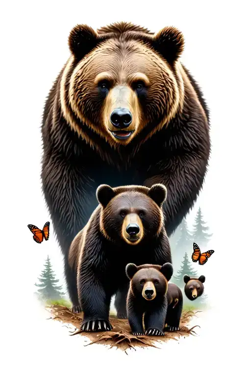 Papa bear and 3 black bear cubs and 2 monarch butterfly walking in the wilderness trees tattoo design idea