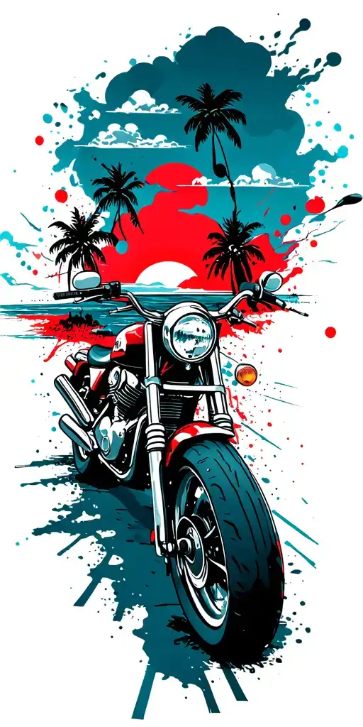 Motorcycle theme, seaside, palms, sunset, road, clouds surrounding tattoo design idea