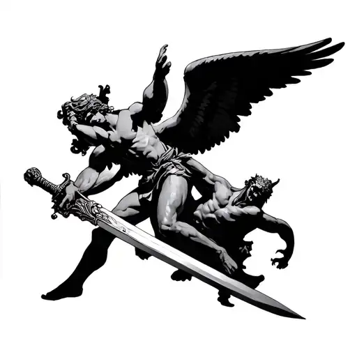 angel defeating the devil with a sword tattoo design idea